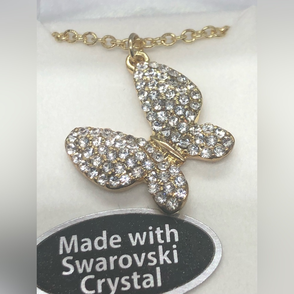 NWT Swarovski crystals butterfly necklace. Gold plated 16” w/2” adjustment.